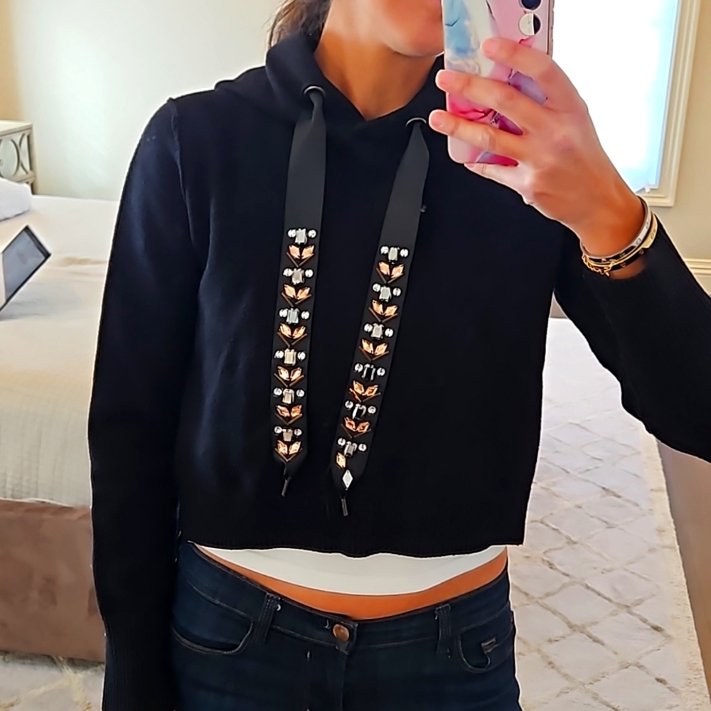 WOMEN'S ZARA CROPPED BLACK BEJEWELED SWEATER SWEATSHIRT HOODIE SZ MEDIUM $50